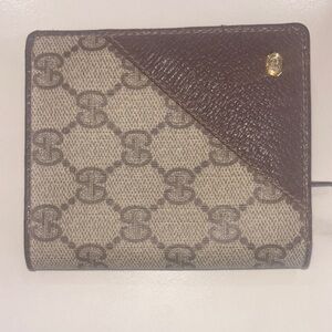 Gucci Brown Beige Monogram Bifold Wallet with Dark Brown Leather Trim